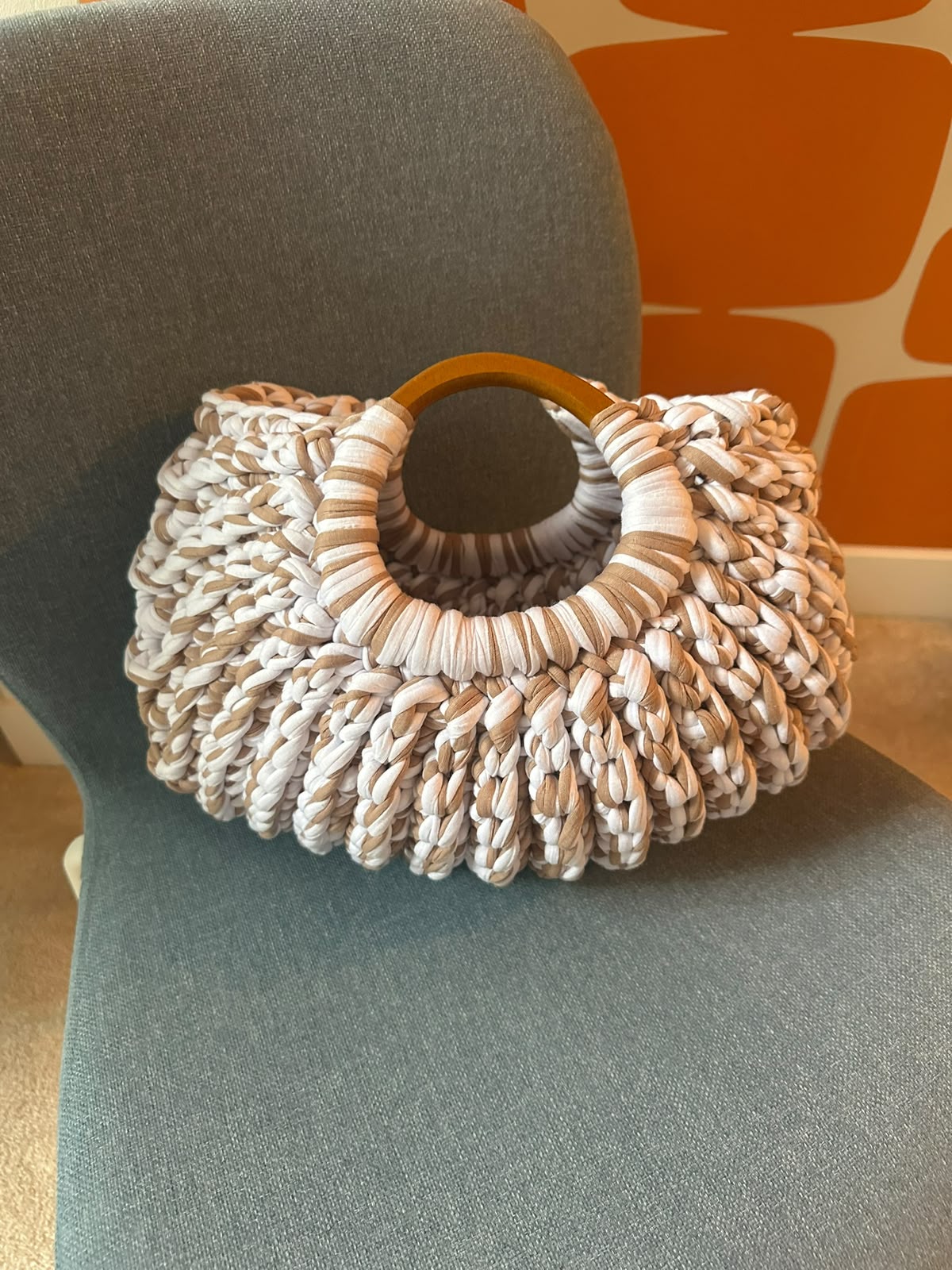 Ripple Ring Bag - white and taupe crocheted bag with wooden ring handle