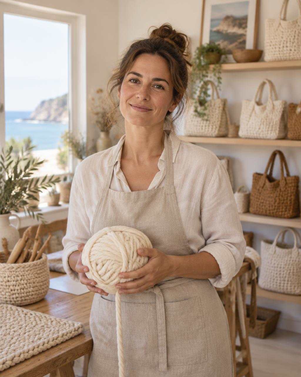 Marina in her studio holding a ball of chunky cream yarn